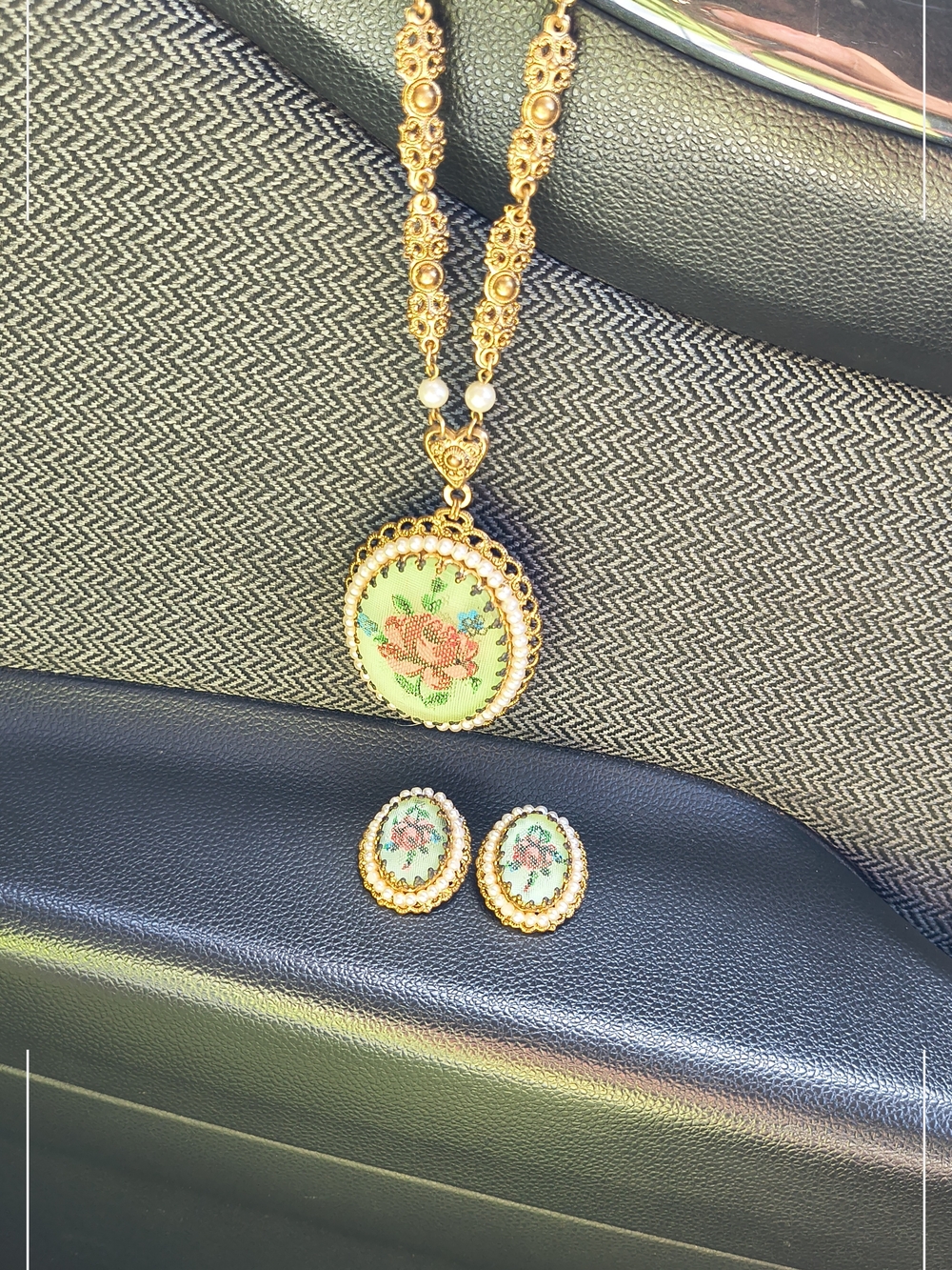 Gold-Tone Floral Cameo Necklace & Earring Set - Green Background